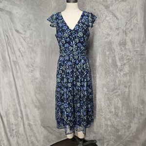 Kensie Blue Floral Embroidered Mesh Midi Dress Flutter Sleeve Womens 8 Whimsical